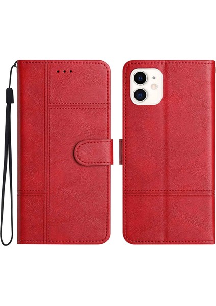 Apple iPhone 12 Mini Telefon Kılıfı 5.4 Inç Cowhide Doku Telefon Cüzdan Kılıf Damla Geçirmez Pu Deri Folyo Flip Kapak Katlama Stand Strap-Red ile (Yurt Dışından)