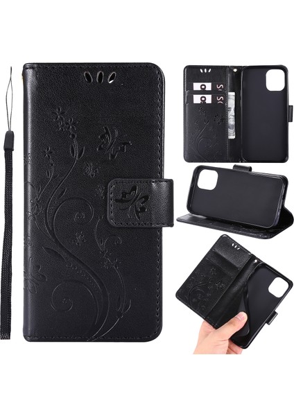 Apple iPhone 12 Mini-Black Için Kayışlı Kelebek Çiçek Deri Çantası (Yurt Dışından)