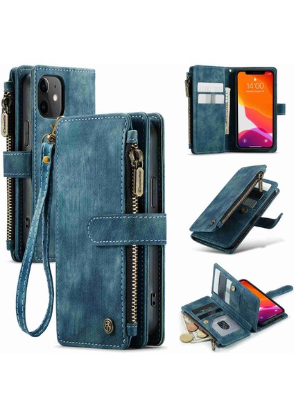 Apple iPhone 12 Mini Telefon Kılıfı Için Çok Fonksiyonlu Fermuarı Cep Cüzdanı Telefon Kapak Anti-Fall Pu Deri Deri Stand Kart Tutucu Kılıf Strap-Mavi (Yurt Dışından)