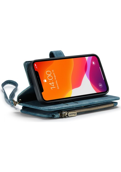 Apple iPhone 12 Mini Telefon Kılıfı Için Çok Fonksiyonlu Fermuarı Cep Cüzdanı Telefon Kapak Anti-Fall Pu Deri Deri Stand Kart Tutucu Kılıf Strap-Mavi (Yurt Dışından)