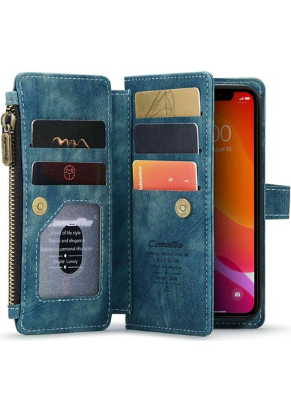 Apple iPhone 12 Mini Telefon Kılıfı Için Çok Fonksiyonlu Fermuarı Cep Cüzdanı Telefon Kapak Anti-Fall Pu Deri Deri Stand Kart Tutucu Kılıf Strap-Mavi (Yurt Dışından)