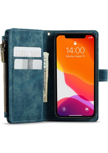 Apple iPhone 12 Mini Telefon Kılıfı Için Çok Fonksiyonlu Fermuarı Cep Cüzdanı Telefon Kapak Anti-Fall Pu Deri Deri Stand Kart Tutucu Kılıf Strap-Mavi (Yurt Dışından)