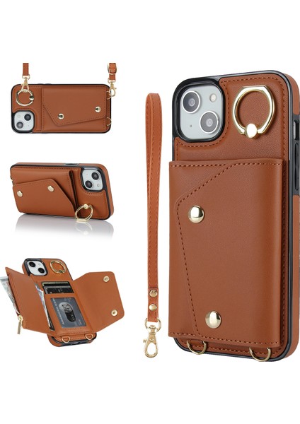 Apple iPhone 12 Mini Deri Kaplamalı Tpu Telefon Kickstand Case Zipper Cüzdan Crossbody Phone Cover-Brown (Yurt Dışından)
