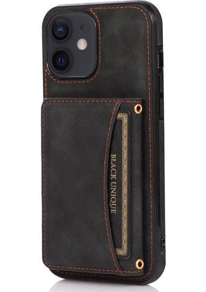 Apple iPhone 12 Telefon Kapağı Için Çok Kart Yuvaları Kickstand Tri-Kat Cüzdan Pu Deri+Tpu Koruyucu Geri Kılıf Kara Black (Yurt Dışından)