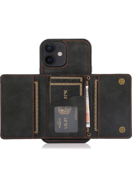Apple iPhone 12 Telefon Kapağı Için Çok Kart Yuvaları Kickstand Tri-Kat Cüzdan Pu Deri+Tpu Koruyucu Geri Kılıf Kara Black (Yurt Dışından)