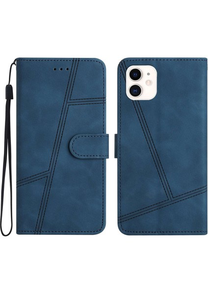 Apple iPhone 12 Mini Telefon Kılıfı 5.4 Inç Cüzdan Tasarımı Cilt Touch Hissed Hisset Pu Deri Deri Telefon Kapak Çizgileri Baskılı Flip Stand Kabuk Kılıf Mavisi (Yurt Dışından)