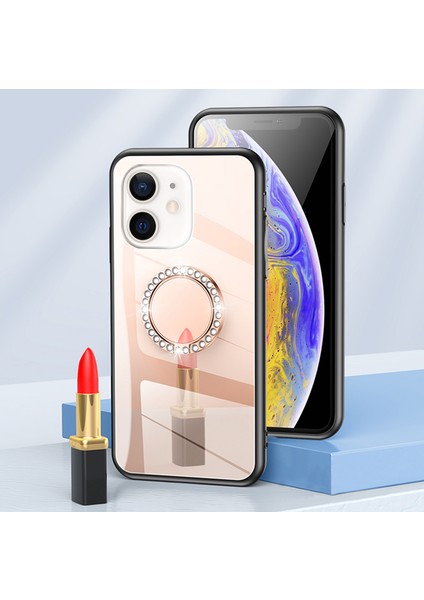 Apple iPhone 12 Telefon Kapağı Metal Rhinestone Dekorasyon Yüzüğü Kickstand Mirror Geri Tpu+Pc Hibrid Kapak Kabuğu -Rose Altın (Yurt Dışından)