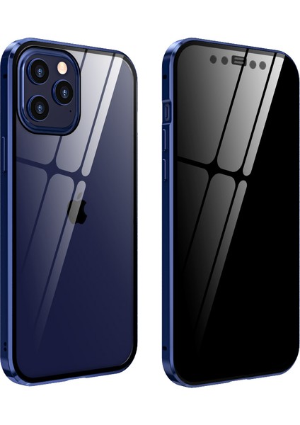 Manyetik Metal Çerçeve+Apple iPhone 12 Mini Peep Anti Kabuk Mavisi Için Çift Sandalı Temperli Cam Kılıf (Yurt Dışından)
