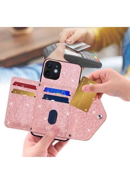 Apple iPhone 12 Mini Telefon Kılıfı Için 5.4 Inç Omuz Askısı Kickstand Kart Tutucu Kapak Işıltılı Toz Dekor-Pembe (Yurt Dışından) fiyatları