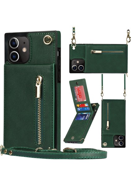 Apple iPhone 12 Mini Telefon Kılıfı Çıkarılabilir Kradard Pu Deri Kaplamalı Tpu Hibrit Kılıf Dikey Flip Kickstand Telefon Kabuk Yeşil (Yurt Dışından)