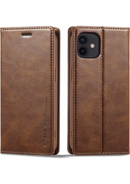 Apple iPhone 12 Mini Telefon Kılıfı Için Manyetik Otomatik Kapanış 5.4 Inç Şok Geçirmez Rfıd Engelleme Pu Deri Cep Telefon Cüzdan Stand Kapak Kahverengi (Yurt Dışından)