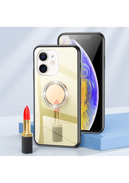Metal Rhinestone Dekorasyon Yüzüğü Kickstand Mirror Back Tpu+Pc Hibrid Kapak Kabuğu Apple iPhone 12-Gold Için (Yurt Dışından)