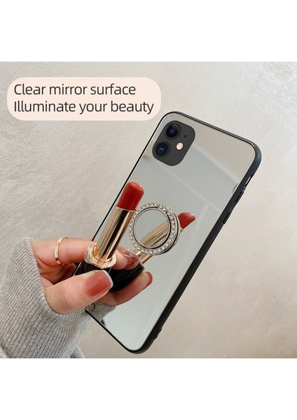 Metal Rhinestone Dekorasyon Yüzüğü Kickstand Mirror Back Tpu+Pc Hibrid Kapak Kabuğu Apple iPhone 12-Gold Için (Yurt Dışından)