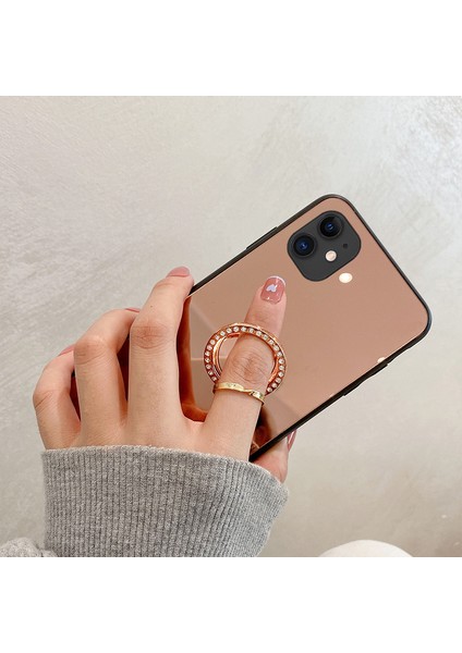 Metal Rhinestone Dekorasyon Yüzüğü Kickstand Mirror Back Tpu+Pc Hibrid Kapak Kabuğu Apple iPhone 12-Gold Için (Yurt Dışından)