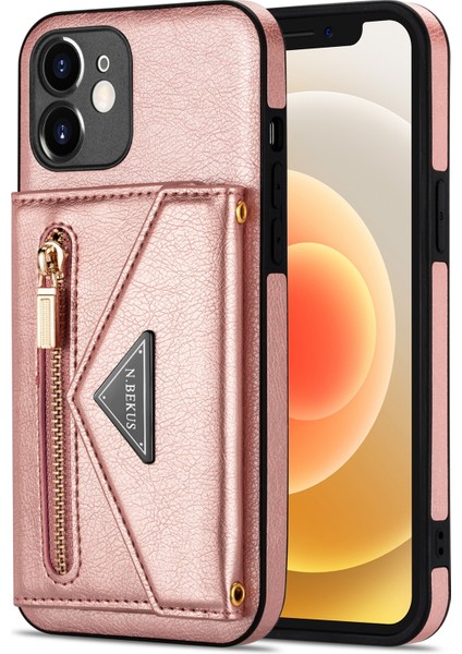 Apple iPhone 12 Telefon Kapağı Şok Geçirmez Fermuarlı Cep Cüzdan Tasarım Pu Deri+Tpu Kickstand-Pink ile Telefon Kılıfı (Yurt Dışından) fiyatları