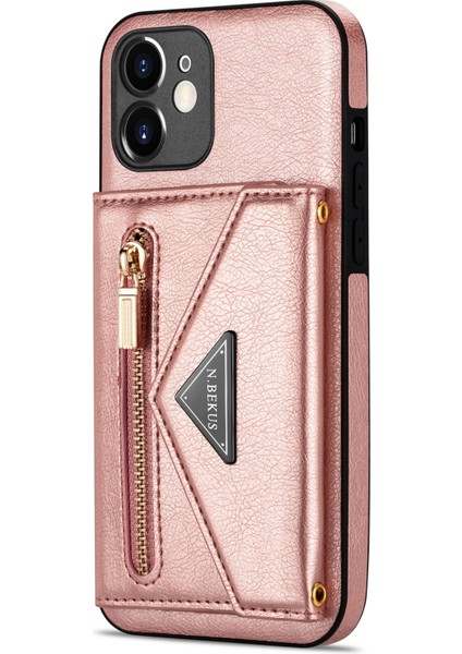 Apple iPhone 12 Telefon Kapağı Şok Geçirmez Fermuarlı Cep Cüzdan Tasarım Pu Deri+Tpu Kickstand-Pink ile Telefon Kılıfı (Yurt Dışından) modelleri