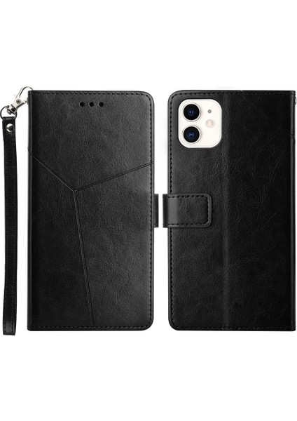 Apple iPhone 12 Mini Telefon Kılıfı Y Şeklinde Çizgi Dez Doku Pu Deri Şık Cüzdan Kabuk Stand Kapağı 5.4 Inç-Siyah (Yurt Dışından)