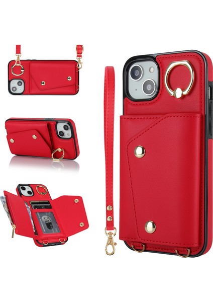 Apple iPhone 12 Mini Deri Kaplamalı Tpu Telefon Kickstand Case Zipper Cüzdan Crossbody Telefon Kapak Kırmızı (Yurt Dışından)