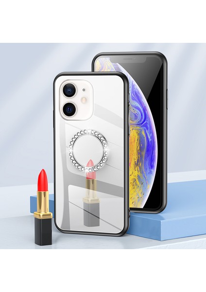 Apple iPhone 12 Telefon Kapağı Metal Rhinestone Dekorasyon Yüzüğü Kickstand Mirror Back Tpu+Pc Hibrid Kapak Kabuğu -Silver (Yurt Dışından)