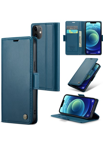 Apple iPhone 12 Mini Rfıd Engelleme Litchi Doku Deri Telefon Kapak Mavisi Için Stand Cüzdan Kılıfı (Yurt Dışından)
