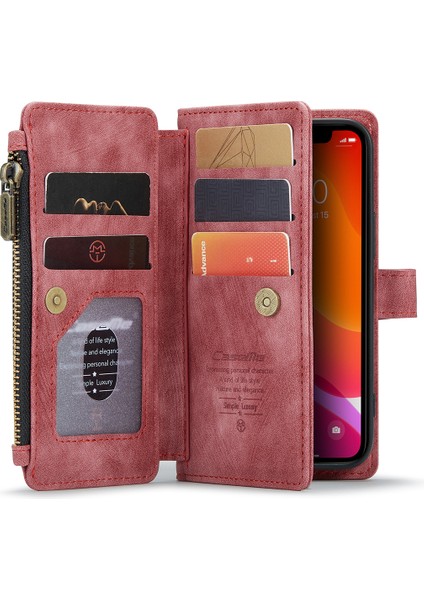 Apple iPhone 12 Mini Telefon Kılıfı Için Birden Çok Kart Yuvası Damla Geçirmez Tam Vücut Koruması Fermuarlı Cüzdan Pu Deri Stand 5.4 Inç-Kırmızı (Yurt Dışından)