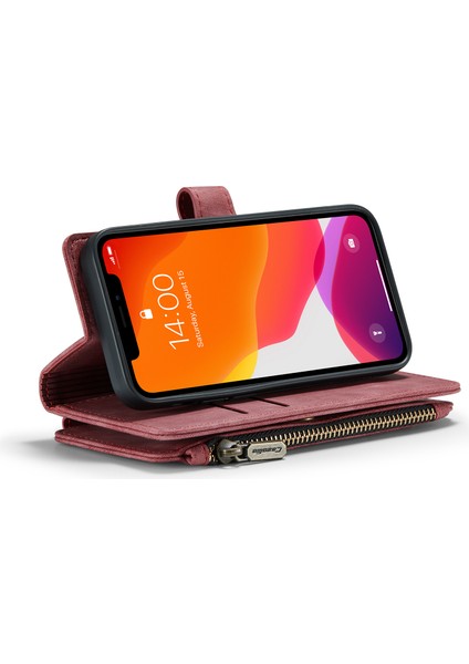 Apple iPhone 12 Mini Telefon Kılıfı Için Birden Çok Kart Yuvası Damla Geçirmez Tam Vücut Koruması Fermuarlı Cüzdan Pu Deri Stand 5.4 Inç-Kırmızı (Yurt Dışından)