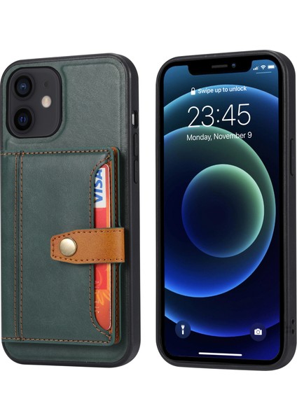 Pu Deri Kaplamalı Tpu Kılıfı [kart Yuvaları] [kickstand] Apple iPhone 12 Mini Kapak Yeşili Için (Yurt Dışından)