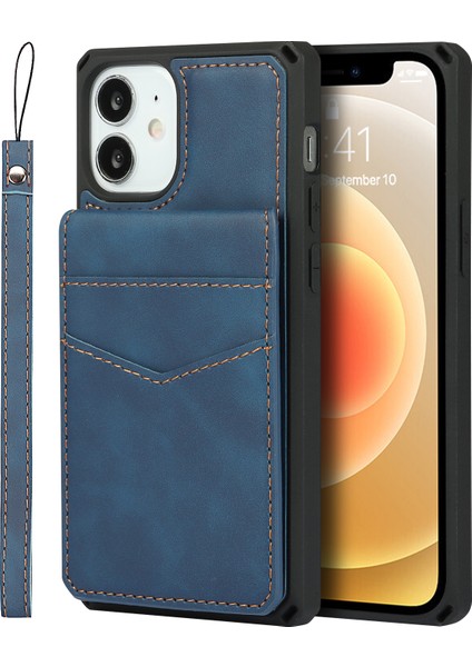 Apple iPhone 12 Mini Telefon Kılıfı Için Cilt Touch Pu Deri Kaplamalı Tpu Dikey Flip Kapak Kickstand ve Kart Yuvaları 5.4 Inç-Mavi (Yurt Dışından)