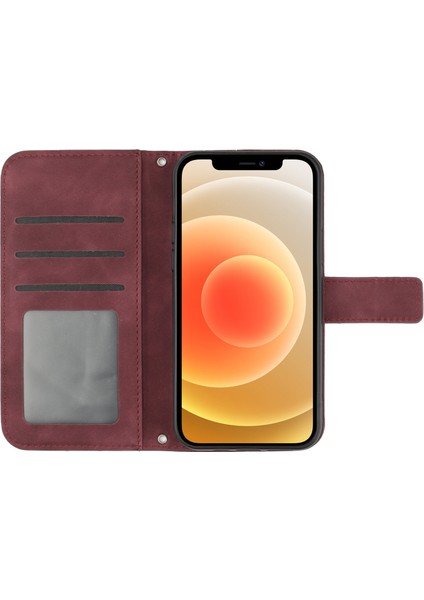 Apple iPhone 12 Mini Telefon Kılıfı 5.4 Inç HT04 Baskılı Ayçiçeği Pu Deri Deri Touch Manyetik Kapatma Cüzdan Stand Kapağı Omuz Kayışı Kırmızısı (Yurt Dışından)