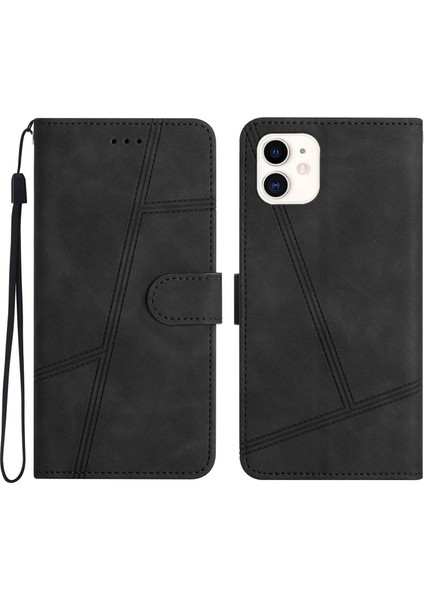 Apple iPhone 12 Mini Telefon Kılıfı 5.4 Inç Cüzdan Tasarımı Cilt Touch Hissed Hissediyor Pu Deri Deri Telefon Kapak Çizgileri Baskılı Flip Stand Kabuk Kılıfı Black (Yurt Dışından)