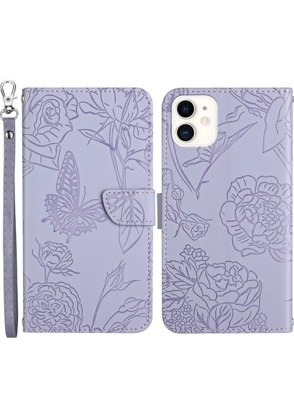 Apple iPhone 12 Mini Telefon Kılıfı 5.4 Inç Kelebek Çiçek Deseni Baskılı Stand Kılıfı Şok Geçirmez Cilt Düzenli Hissetme Pu Deri Deri Cüzdan Anti-Fall Kapak Kayış Işığı Mor ile (Yurt Dışından)