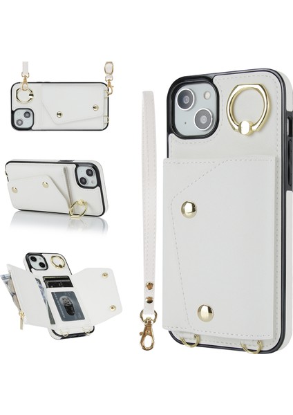 Apple iPhone 12 Mini Deri Kaplamalı Tpu Telefon Kickstand Case Zipper Cüzdan Crossbody Phone Cover-White (Yurt Dışından)