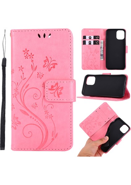 Apple iPhone 12 Mini-Pembe Için Kayışlı Kelebek Çiçek Deri Çantası (Yurt Dışından)