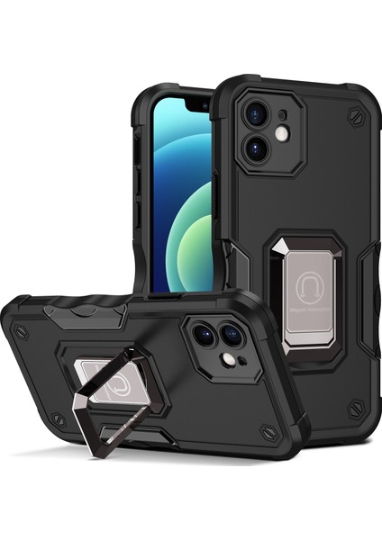 Ring Kickstand Çok Katmanlı Koruma Hibrit Sert Pc+Yumuşak Tpu Cep Telefon Kılıfı Apple iPhone 12-Black (Yurt Dışından)