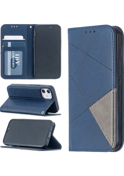 Apple iPhone 12 Mini 5.4 Inç-Mavi Için Kart Yuvaları ile Geometrik Desen Deri Standı Kasa (Yurt Dışından)