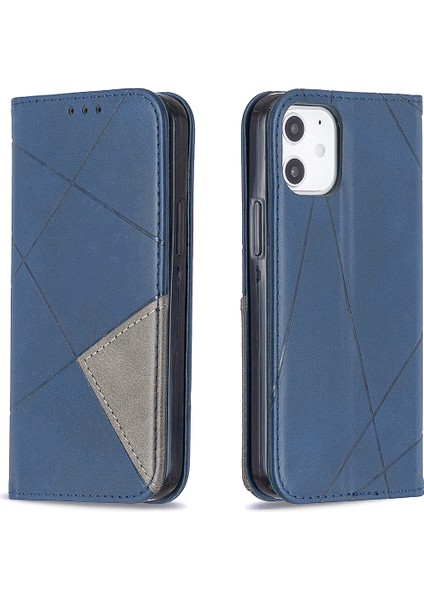 Apple iPhone 12 Mini 5.4 Inç-Mavi Için Kart Yuvaları ile Geometrik Desen Deri Standı Kasa (Yurt Dışından)