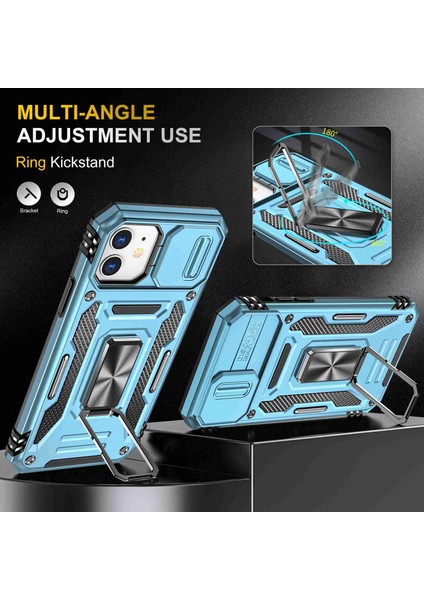 Apple iPhone 12 Telefon Kapağı Koruyucu Kılıf Pc+Tpu Ring Slayt Kameralı Kickstand Cep Telefon Kabuğu Kameralı Kapak Işık Mavi (Yurt Dışından)