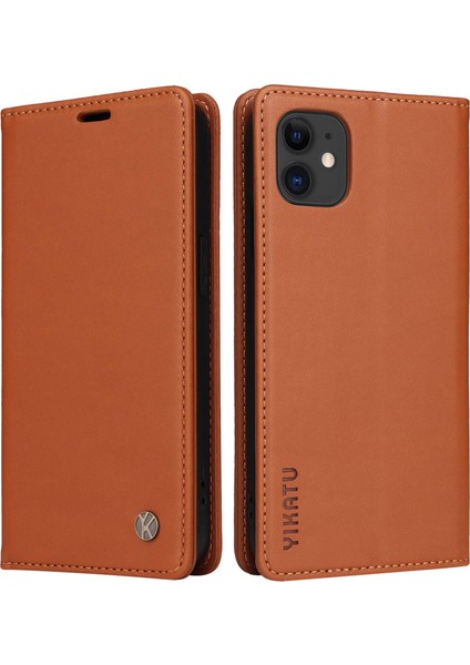 Apple iPhone 12 Mini Telefon Kılıfı Şok Geçirmez 5.4 Inç YK-001 Manyetik Kapatma Telefon Kapağı Flip Deri Cüzdan Stand-Brown (Yurt Dışından)