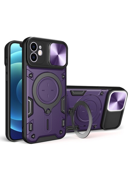 Apple iPhone 12 Telefon Kapağı Slayt Kamera Kapaklı Telefon Kılıfı Dönebilir Kickstand Pc+Tpu Şok Geçirmez Kapak-Mor (Yurt Dışından)