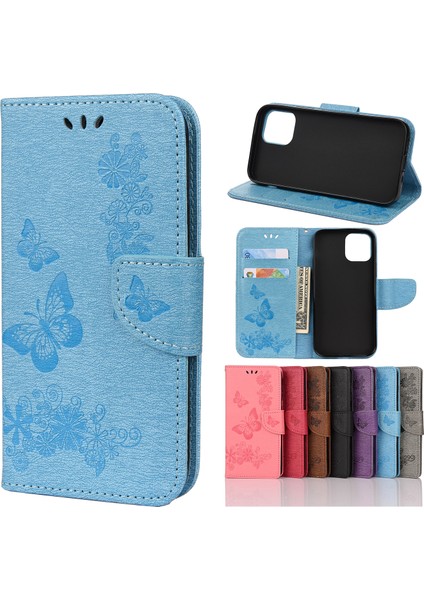 Iprostrest Çiçek Kelebek Deri Cüzdan Stand Kılıfı Apple iPhone 12 Mini Blue Için (Yurt Dışından)