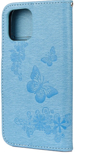 Iprostrest Çiçek Kelebek Deri Cüzdan Stand Kılıfı Apple iPhone 12 Mini Blue Için (Yurt Dışından)