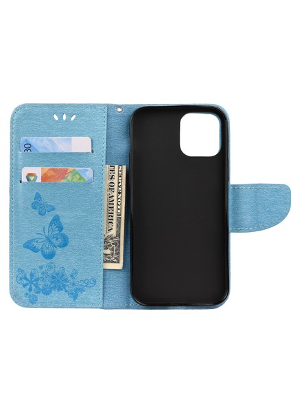 Iprostrest Çiçek Kelebek Deri Cüzdan Stand Kılıfı Apple iPhone 12 Mini Blue Için (Yurt Dışından)