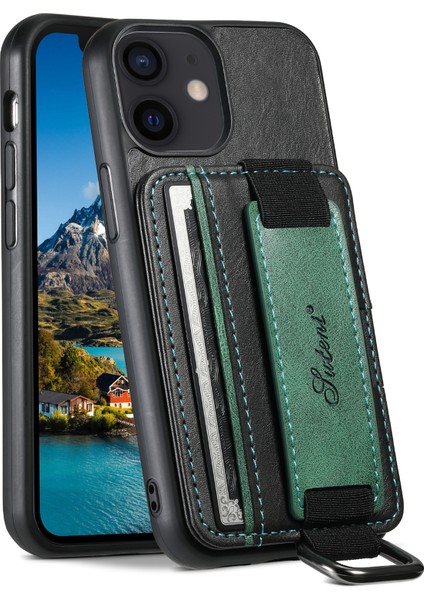 Apple iPhone 12 Mini Telefon Kılıfı H13 5.4 Inç Kart Tutucu Kılıfı Kickstand Deri Kaplamalı Pc+Tpu Telefon Kapak Black (Yurt Dışından)