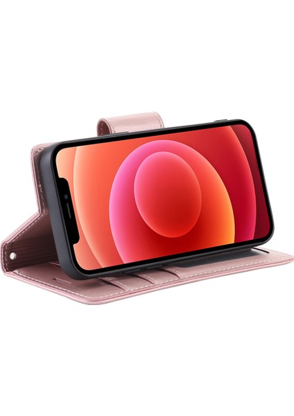 Apple iPhone 12 Mini Telefon Kılıfı Için 5.4 Inç Pu Deri Stand Flip Manyetik Çıkarılabilir 2-1 Direk Cüzdan Kapak Çizgi Altın (Yurt Dışından)
