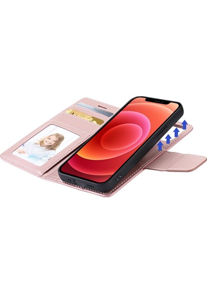 Apple iPhone 12 Mini Telefon Kılıfı Için 5.4 Inç Pu Deri Stand Flip Manyetik Çıkarılabilir 2-1 Direk Cüzdan Kapak Çizgi Altın (Yurt Dışından)
