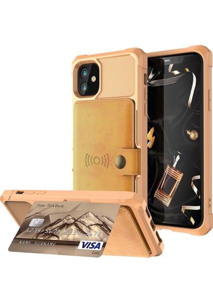 Apple iPhone 12 Mini Telefon Kılıfı Kickstand Deri Kaplamalı Tpu Koruyucu Kapak Kart Tutucu [dahili Manyetik Sayfa] -Gold (Yurt Dışından)