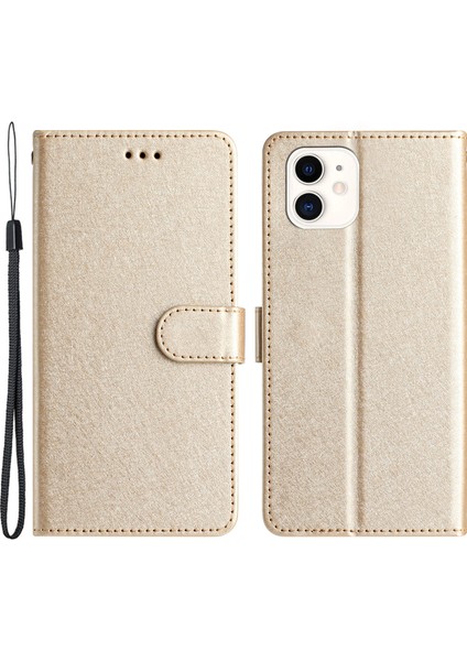 Apple iPhone 12 Mini Telefon Kılıfı Için Cüzdan Stand Kılıfı 5.4 Inç Ipek Doku Pu Deri Telefon Kapağı Bilek Kayışı-Altın (Yurt Dışından)
