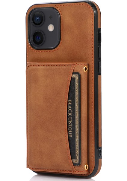 Apple iPhone 12 Telefon Kapağı Için Çok Kart Yuvaları Kickstand Tri-Kat Cüzdan Pu Deri+Tpu Koruyucu Arka Koruyucu Kılıf (Yurt Dışından)