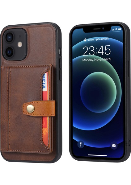 Apple iPhone 12 Mini Kapak Kahverengi Için Pu Deri Kaplı Tpu Kasası [kart Yuvaları] [kickstand] (Yurt Dışından)