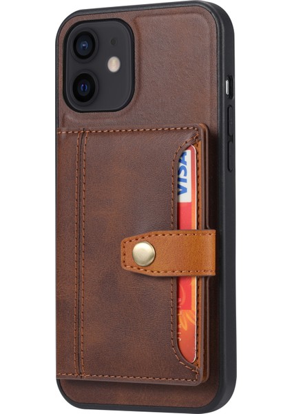 Apple iPhone 12 Mini Kapak Kahverengi Için Pu Deri Kaplı Tpu Kasası [kart Yuvaları] [kickstand] (Yurt Dışından)